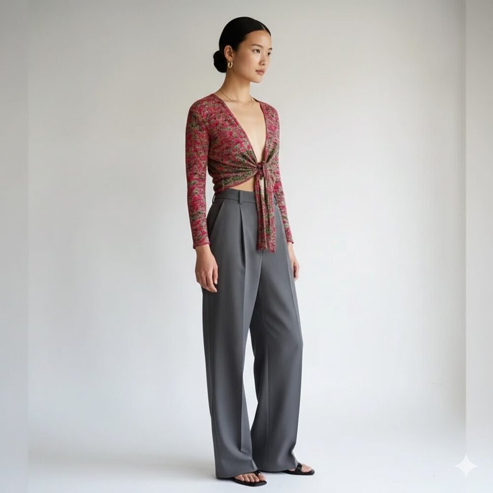 Vintage Pleat Pleat by Rafael Crinkled Tie-Front Cardigan | Pink & Green | M